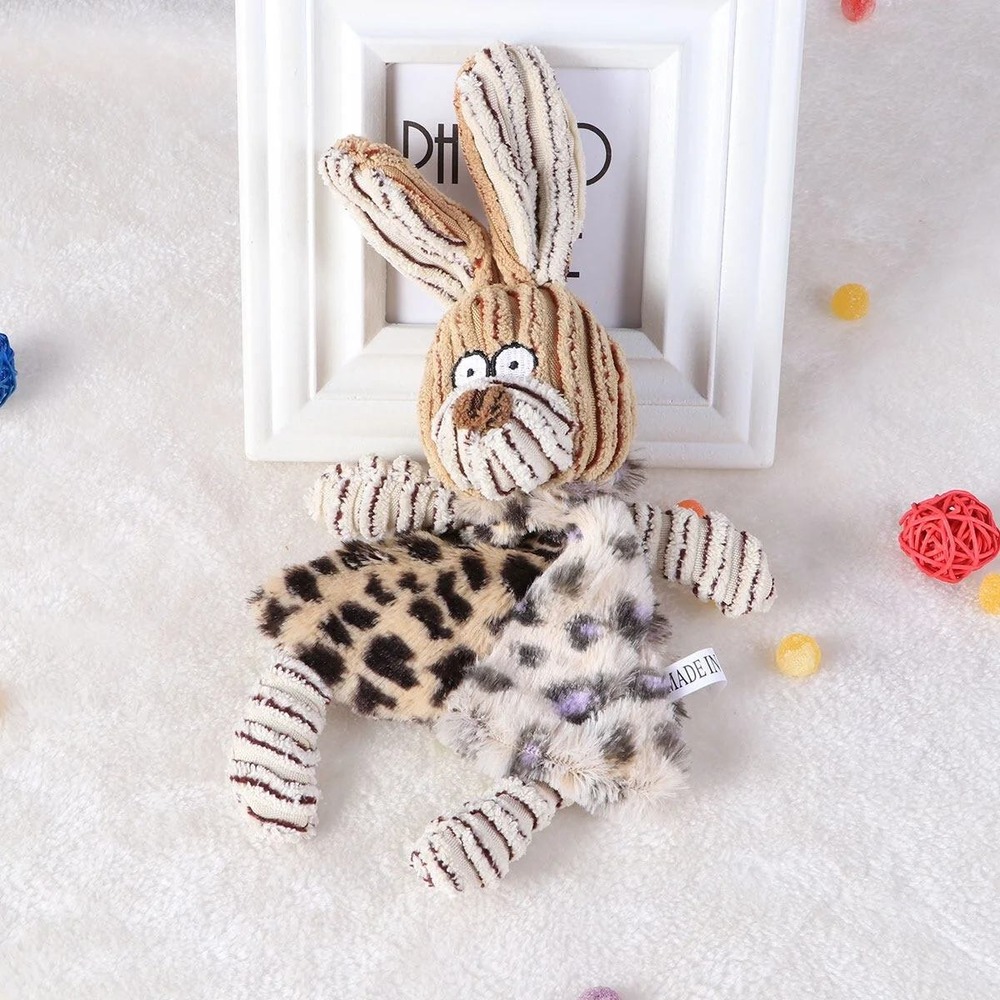 Squeaky Dog Toy Rabbit Plush Leopard Print Corduroy Molar Chew Toy for Pets
